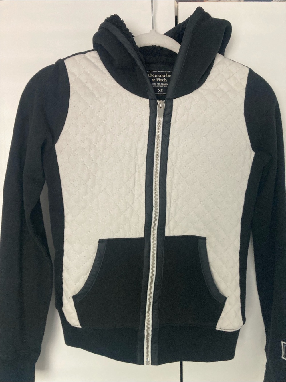 Abercrombie & Fitch BLACK/ WHITE Hooded Zip Up Sweatshirt FLEECE Lined SIZE XS